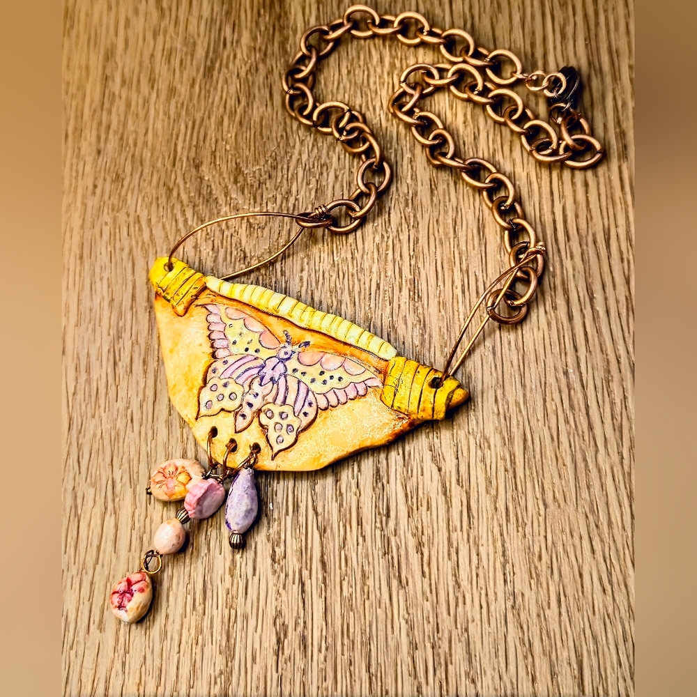Primitive Cave Rustic Earth Colored Butterfly Pendant & Beads In Clay Necklace - Picture 3 of 9